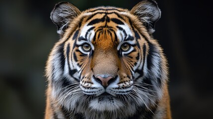 A majestic tiger gazes into the camera, showcasing its distinctive stripes and piercing eyes in a natural habitat at dusk