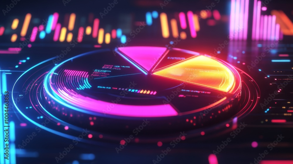 Poster a close-up of a 3d pie chart with neon-colored slices, showing revenue distribution in different sec