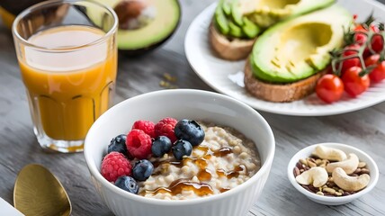 Healthy vegan breakfast with oatmeal, avocado toast, and orange juice
