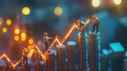 miniature Business team work together build 3D graph of gold coins symbolizing financial success and growth in business