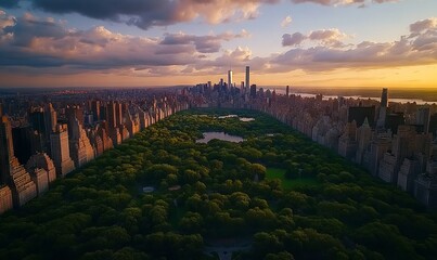 Aerial View of New York City Skyline at Sunset, AI generated illustration