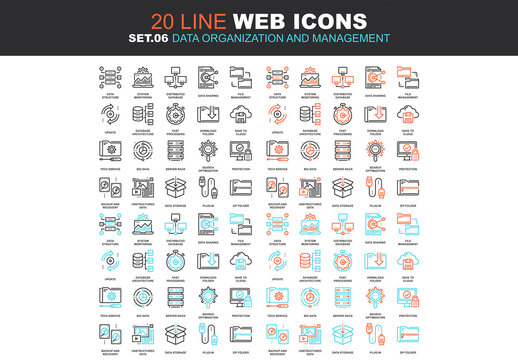 Vector set of data organization and management line web icons. Each icon with adjustable strokes neatly designed on pixel perfect 64X64 size grid. Fully editable and easy to use.