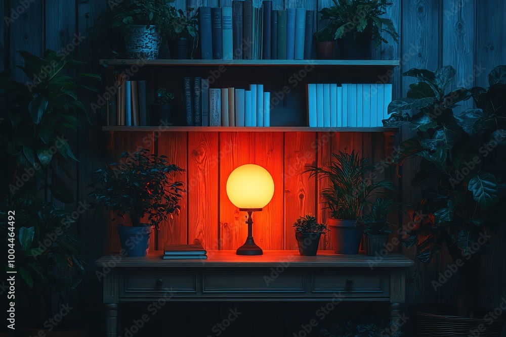 Poster A table with a lamp on it and a shelf full of books