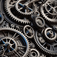 A complex system of interlocking gears and chains, creating a mesmerizing industrial aesthetic