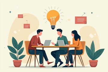 オフィスカジュアルな男女がミーティング中に良いアイデアを浮んだ瞬間のイラスト