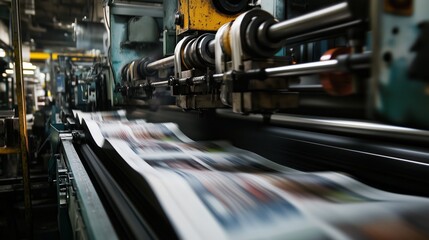 Printing press in action showcasing vibrant print production in a busy facility during the day