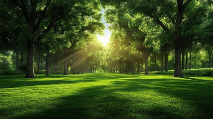Obraz premium Sunlight filtering through lush trees onto vibrant green grass in a serene park setting.