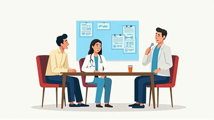 Illustration of doctors having a meeting about patient medical records in a medical setting