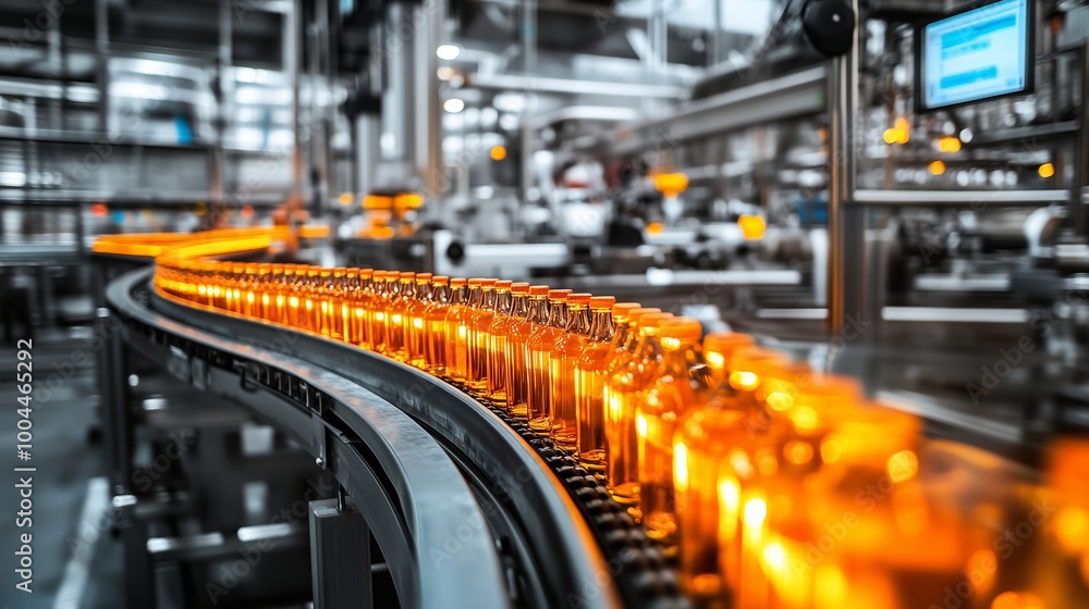 Sticker Bottle production line in a modern factory showcasing a continuous conveyor belt with illuminated bottles during daytime operations