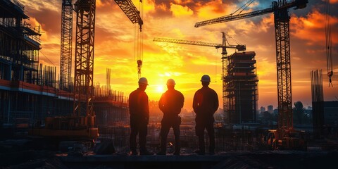 Photograph of construction workers silhouetted against a vibrant sunset while overseeing a building site with cranes