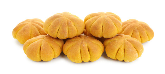 Tasty pumpkin shaped buns isolated on white