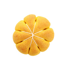 One tasty pumpkin shaped bun isolated on white, top view