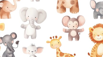 Adorable watercolor baby jungle animals on a white background, perfect for nursery or children's design.