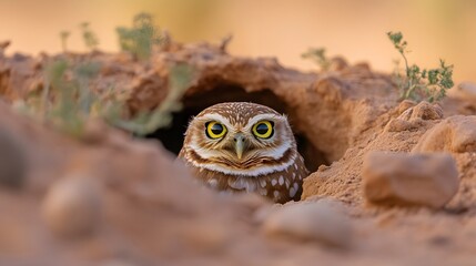 1. A burrowing owl emerging from its underground nest in a desert landscape