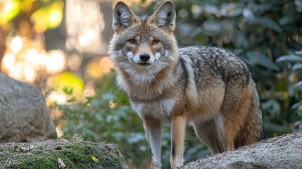 Obraz premium A solitary coyote stands attentively among foliage in a sunlit natural setting during early morning hours