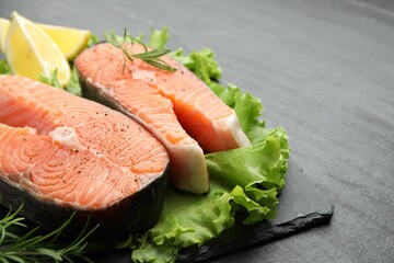 Fresh raw salmon steaks with spices, lemon, lettuce and rosemary on dark textured table, closeup. Space for text