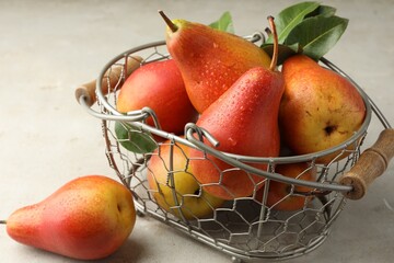 Ripe juicy pears in metal basket on grey textured table, closeup