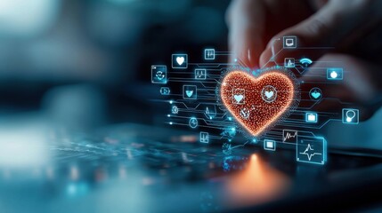 A radiant heart entwined with digital data and health icons, symbolizing techs role in modern healthcare