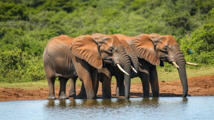 Fototapeta premium African elephants drinking from a watering hole in the wild, capturing a serene moment in nature with room for text.
