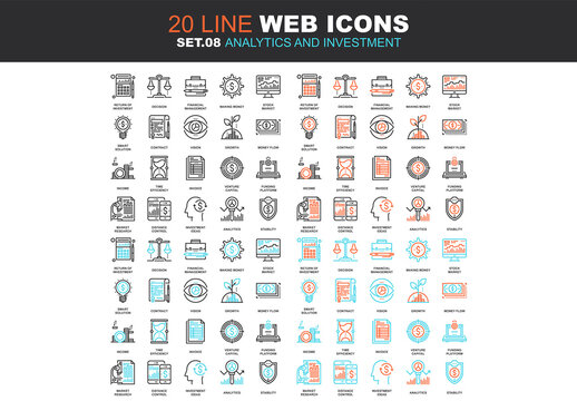 Vector set of analytics and investment line web icons. Each icon with adjustable strokes neatly designed on pixel perfect 64X64 size grid. Fully editable and easy to use.