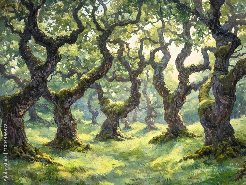 Poster mystical forest glade with ancient gnarled trees carpeted in soft moss dappled light filtering throu
