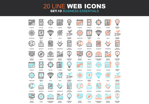 Vector set of business essentials line web icons. Each icon with adjustable strokes neatly designed on pixel perfect 64X64 size grid. Fully editable and easy to use.