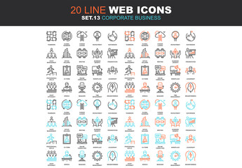 Vector set of corporate business line web icons. Each icon with adjustable strokes neatly designed on pixel perfect 64X64 size grid. Fully editable and easy to use.