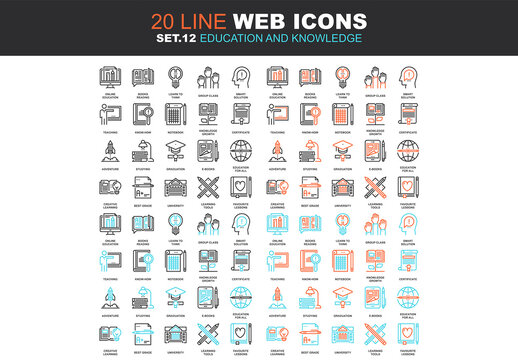 Vector set of education and knowledge line web icons. Each icon with adjustable strokes neatly designed on pixel perfect 64X64 size grid. Fully editable and easy to use.