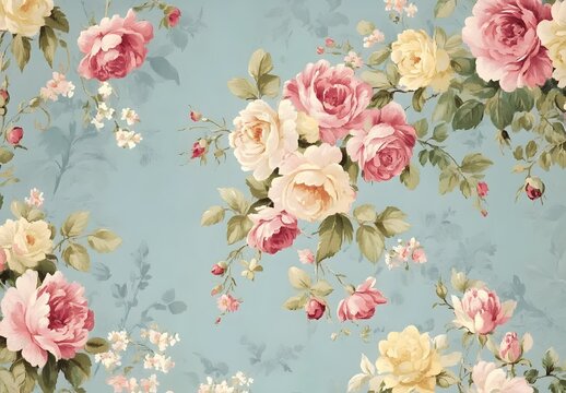 Fototapeta Vintage Floral Wallpaper with Pastel Blue Background