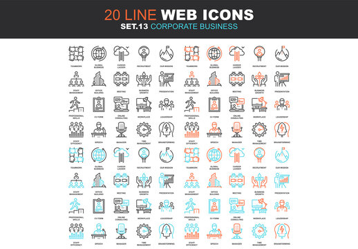 Vector set of corporate business line web icons. Each icon with adjustable strokes neatly designed on pixel perfect 64X64 size grid. Fully editable and easy to use.