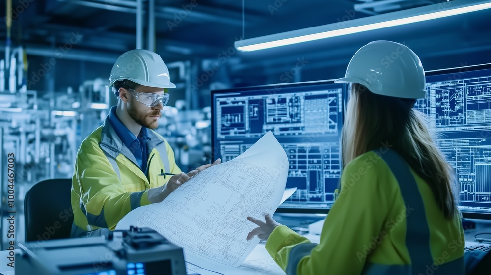 Poster engineers discussing project plans at a modern industrial facility while wearing safety gear and ana