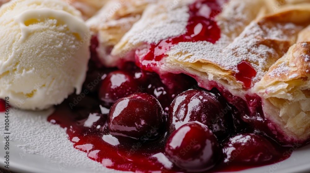 Poster a close-up of a freshly baked cherry strudel, with vibrant red cherries oozing from the crispy layer