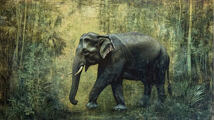 An elephant walking with a jungle overlay, capturing the essence of wildlife coexistence with lush green textures.