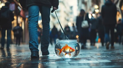 A man walks through a vibrant urban street with a bowl containing a goldfish on a leash. The scene is bustling with people, creating a unique and whimsical moment