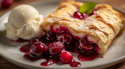 A close-up of a freshly baked cherry strudel, with vibrant red cherries oozing from the crispy layers of pastry, served with a side of vanilla ice cream.