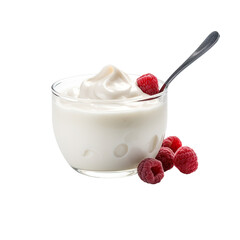 Fresh yogurt with spoon on white background