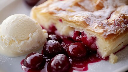A close-up of a freshly baked cherry strudel, with vibrant red cherries oozing from the crispy layers of pastry, served with a side of vanilla ice cream.
