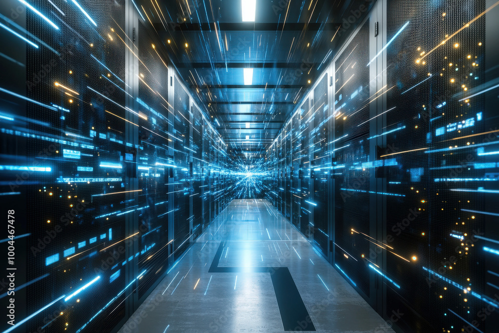 Poster a futuristic data center corridor lit by blue lights and dynamic digital streams, capturing high-tec