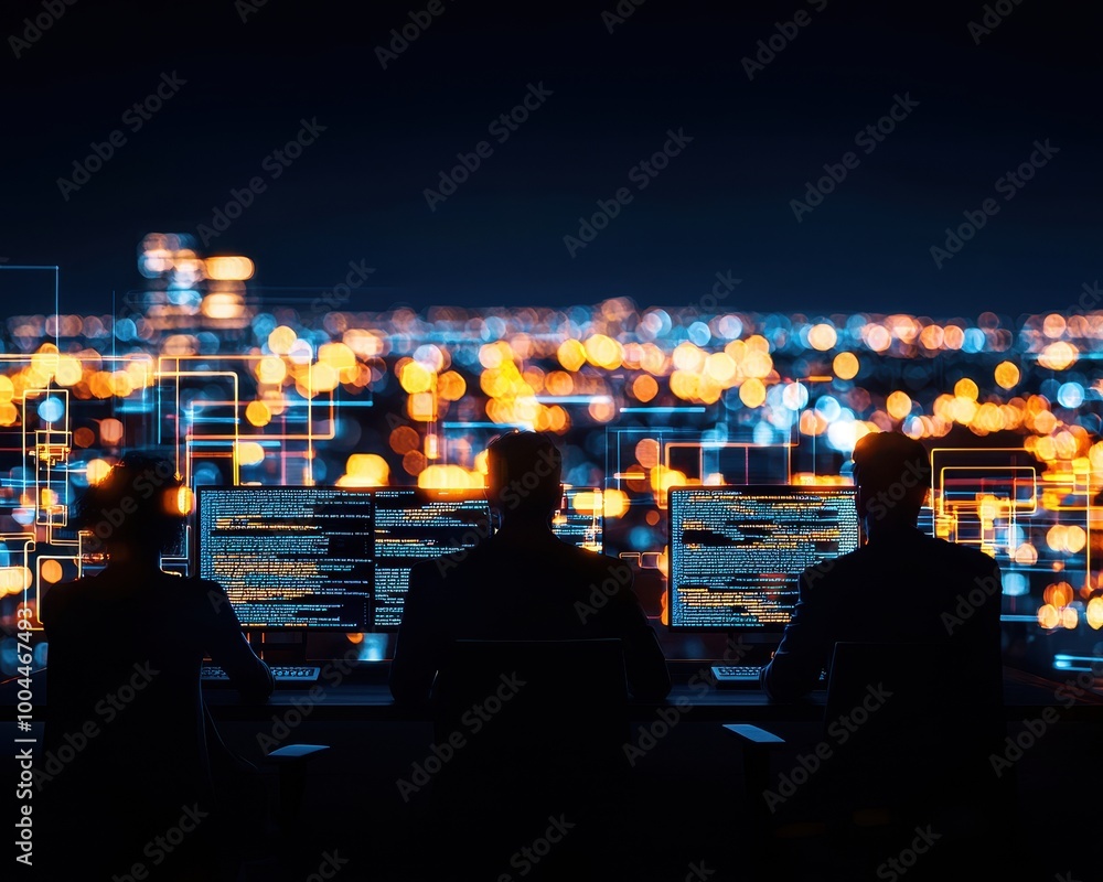 Poster silhouette of programmers at night.