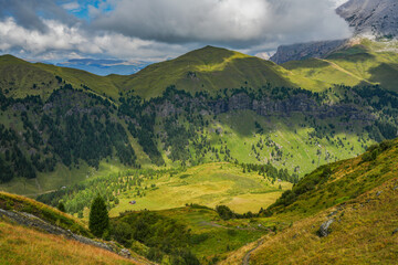 Summer alpine landscape from Catinaccio Group in the Dolomites, Italy, Europe