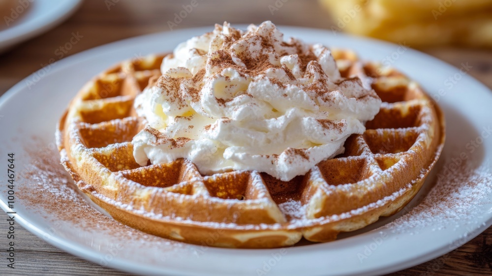 Poster a close-up of a golden waffle topped with whipped cream and a sprinkle of cinnamon, placed on a whit