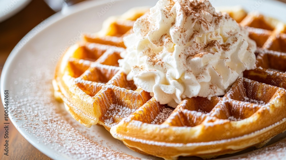 Poster a close-up of a golden waffle topped with whipped cream and a sprinkle of cinnamon, placed on a whit