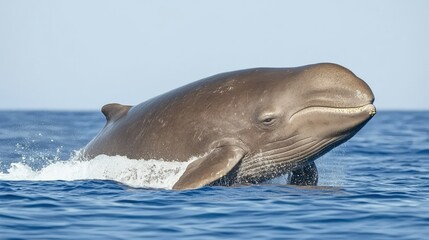 Fototapeta premium A sperm whale deep diving into the ocean, leaving behind a massive trail of bubbles as it disappears into the depths.