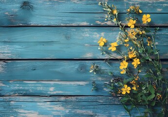Fototapeta premium Rustic Blue Wooden Background with Yellow Flowers