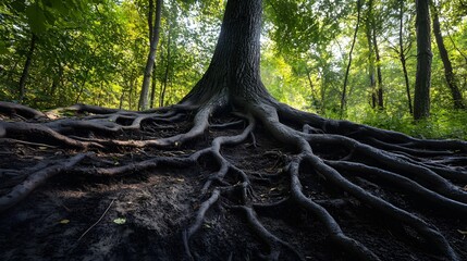14. A set of deep, winding roots of a tree spreading beneath the ground