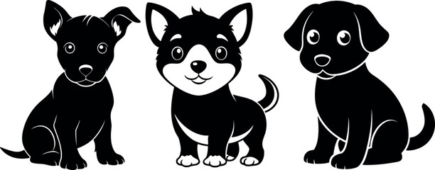 Adorable Black and White Vector Illustration of Three Small Dogs – Two Sitting and One Standing, Featuring Round Faces, Big Eyes, and Floppy Ears on a Plain White Background, Adobe Illustrator Artwork