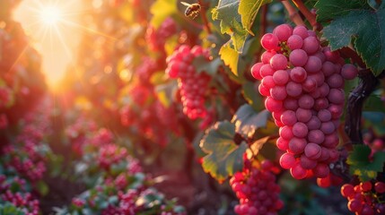Sunset over a vineyard with ripe grapes growing on vines during harvest season