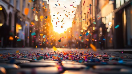 Obraz premium Colorful Confetti Falling on Dublin Street During Golden Hour, AI generated illustration