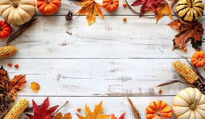 Autumn Border Rustic White Wood Background