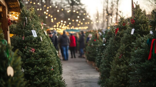 Christmas tree lot with string lights and blurry people